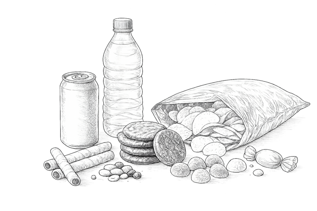 Illustration of snacks, drinks, and products for celebrations and parties