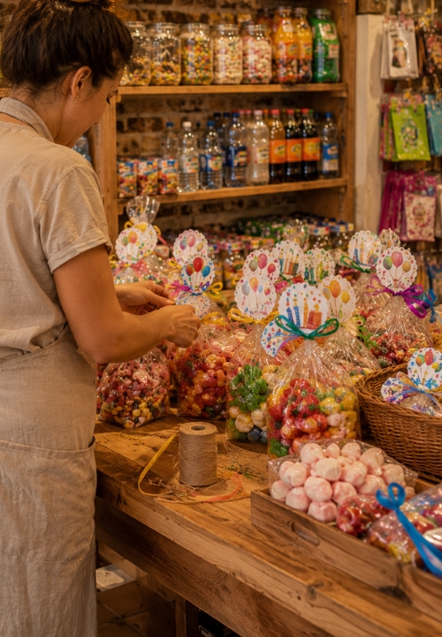 Trabajadora preparando bolsas de chucherías y dulces para celebraciones y cumpleaños en La Despensa de Pepita