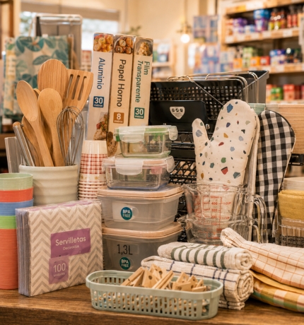 Menaje, accesorios de cocina y productos útiles de bazar en tienda de Salteras